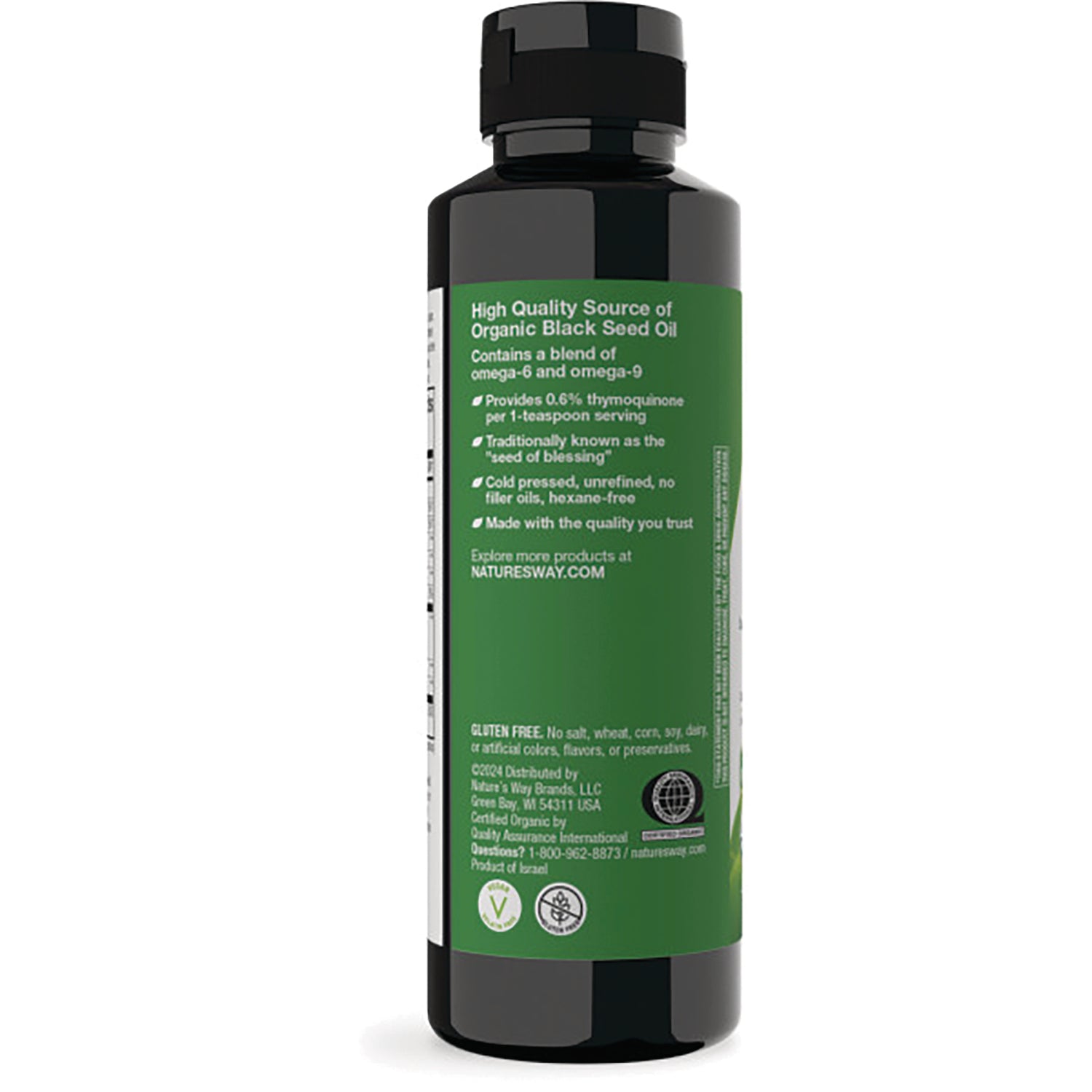 NW979 | Back of dark bottle showing green label with organic black seed oil details and ingredient text