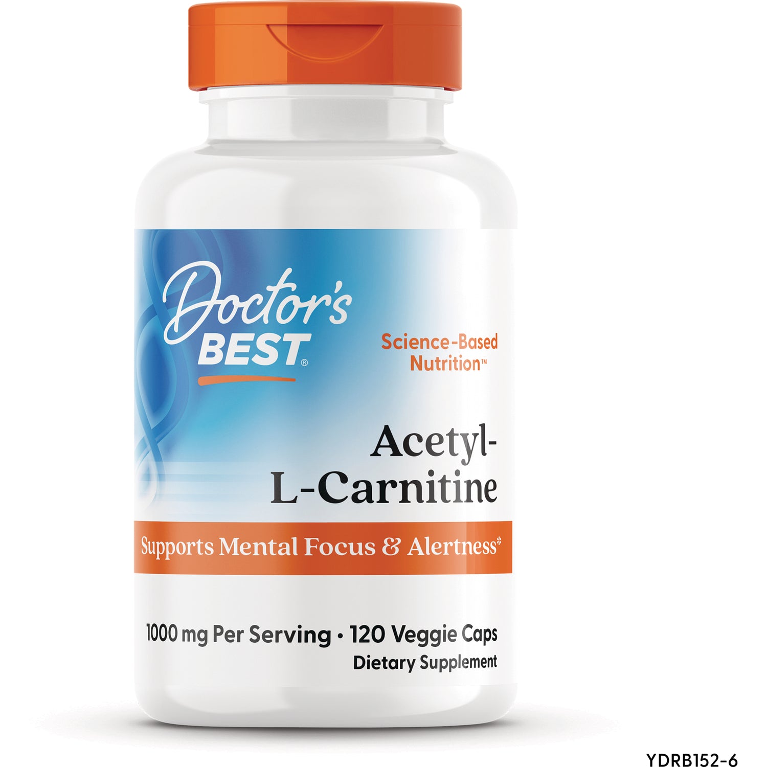 DB123 | Doctor's Best Acetyl-L-Carnitine bottle front, 120 veggie caps, 1000 mg per serving, supports mental focus & alertness