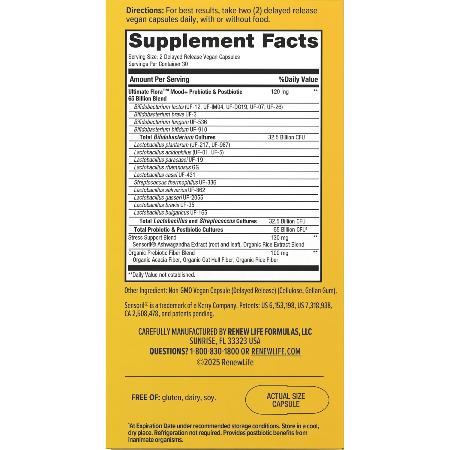 RNL255 | back panel showing Supplement Facts label, ingredients and usage directions on yellow box