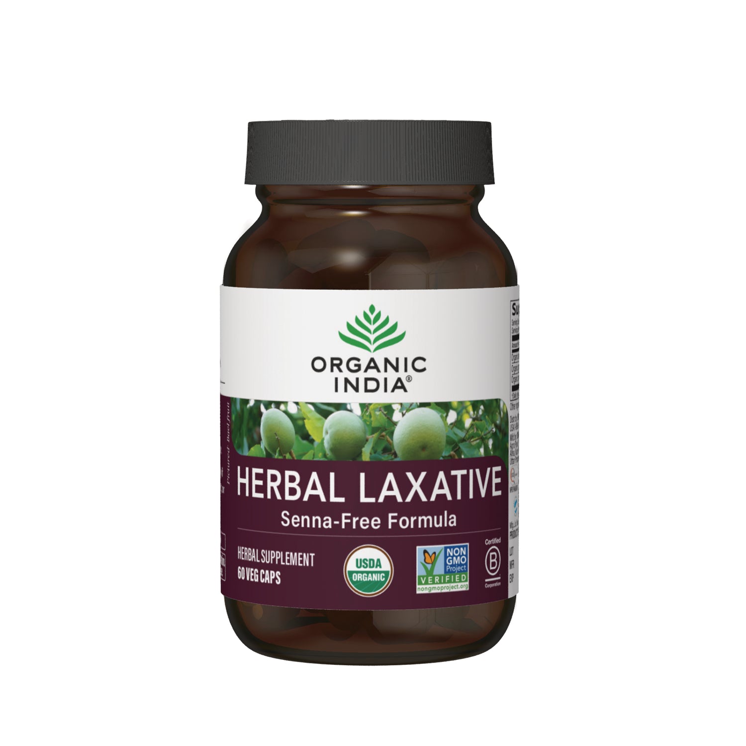 RGN113 | Organic India Herbal Laxative Senna-Free Formula bottle with front label showing 60 veg caps