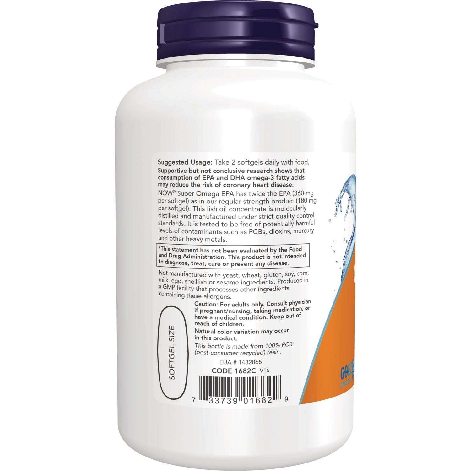NWF352 | Back label of white supplement bottle showing suggested usage, caution text, softgel size and barcode
