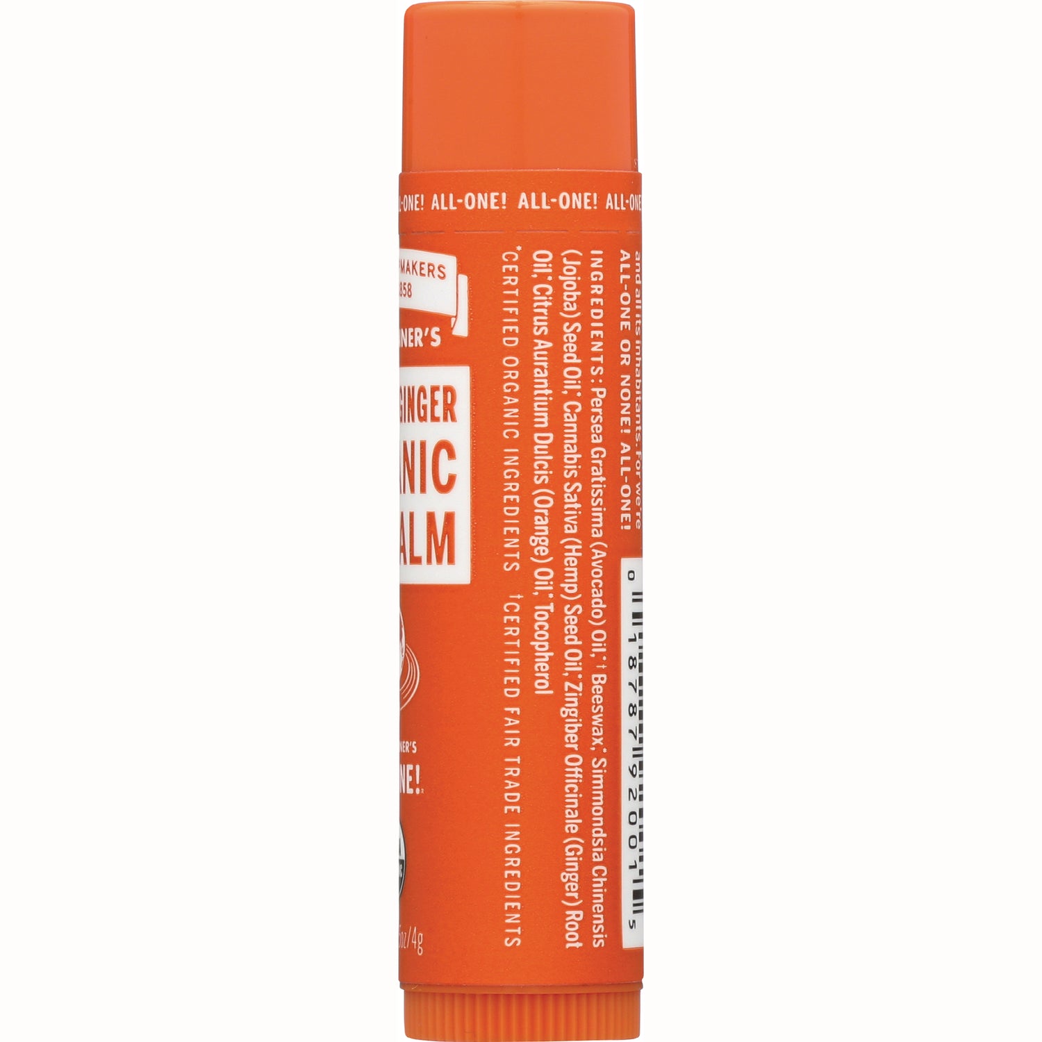 DRB033 | Orange lip balm tube back showing ingredient list text and barcode