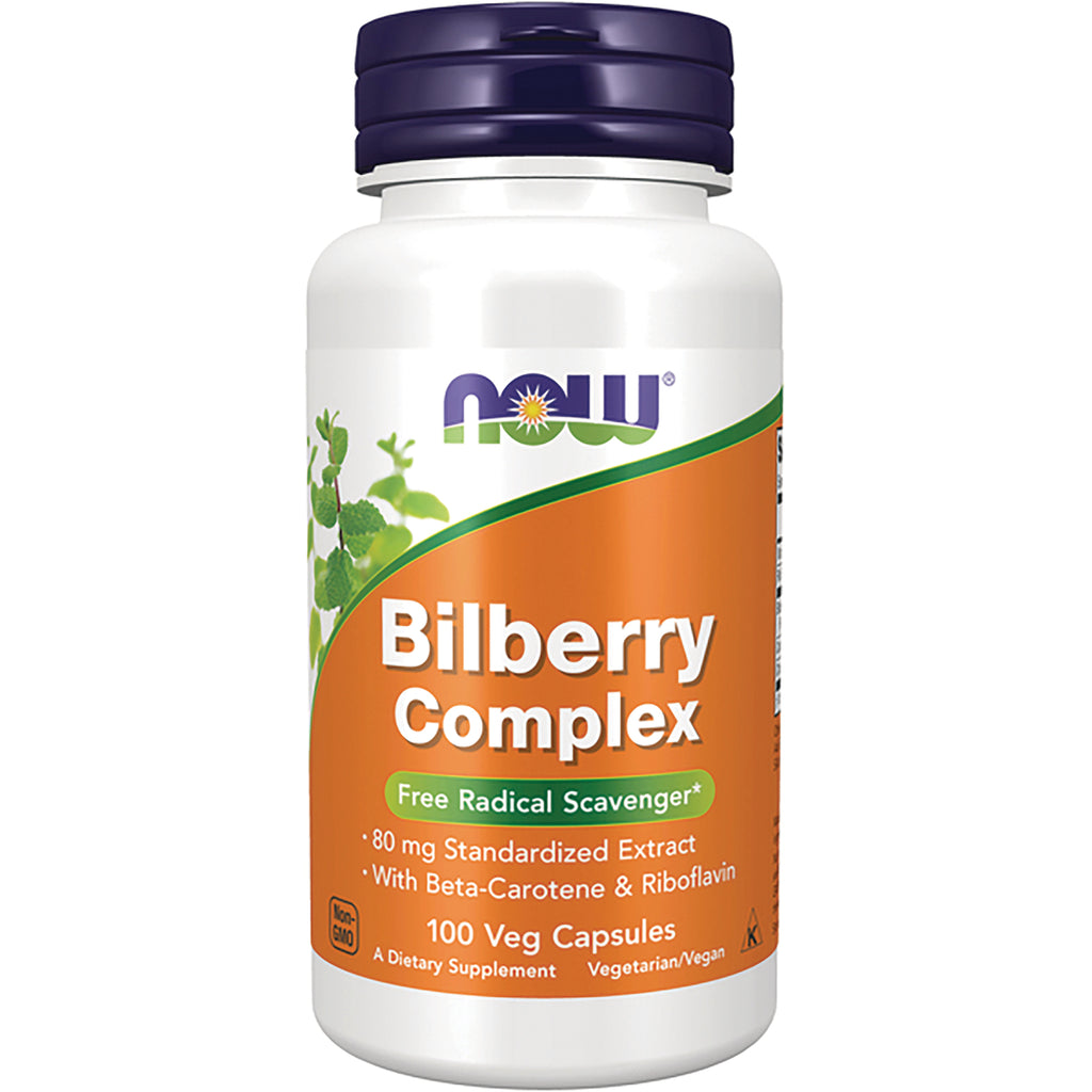 NWF289 | White supplement bottle with orange label reading Bilberry Complex and 100 Veg Capsules, purple cap - Thumbnail