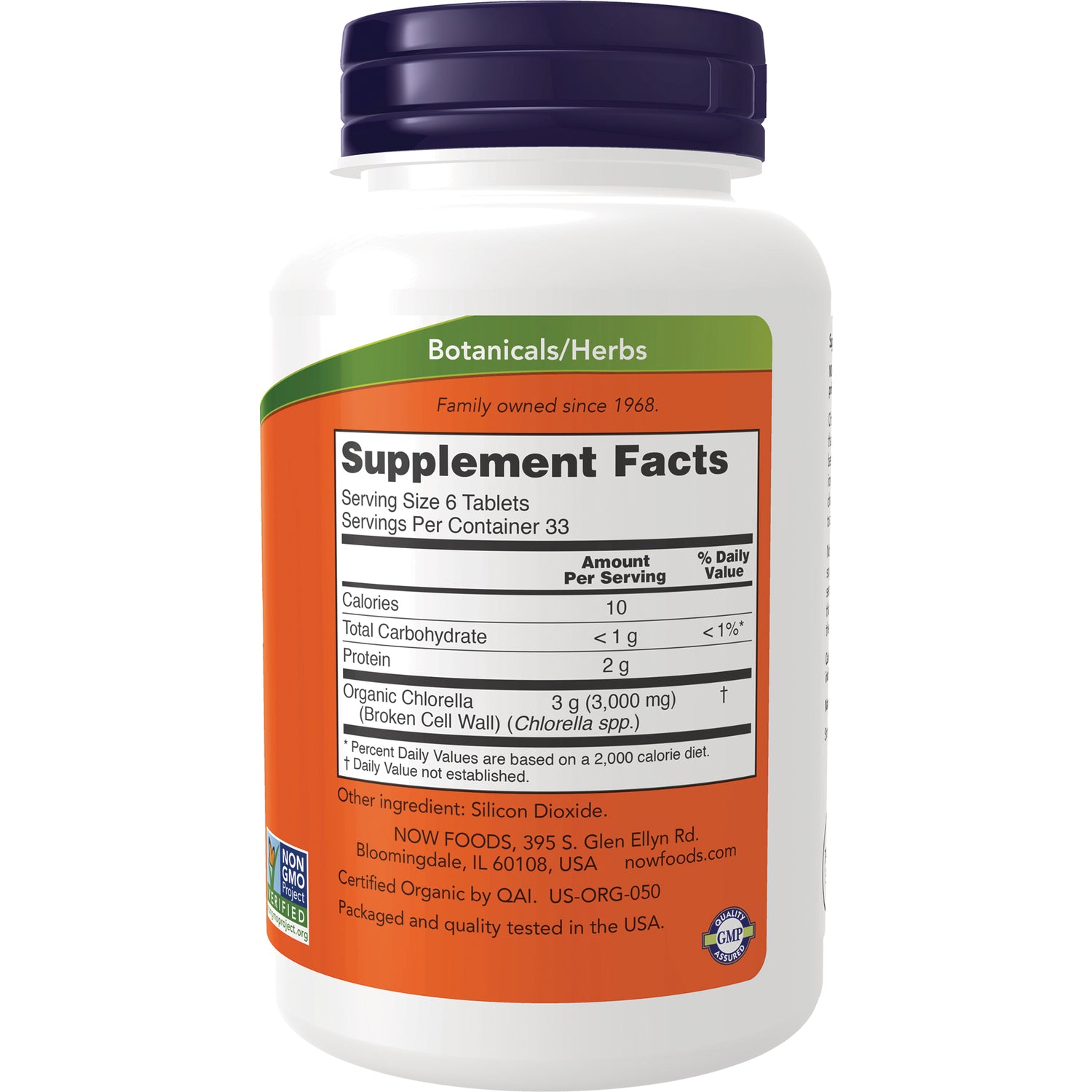 NWF663 | bottle back showing Supplement Facts panel with serving size, calories, protein, and organic chlorella