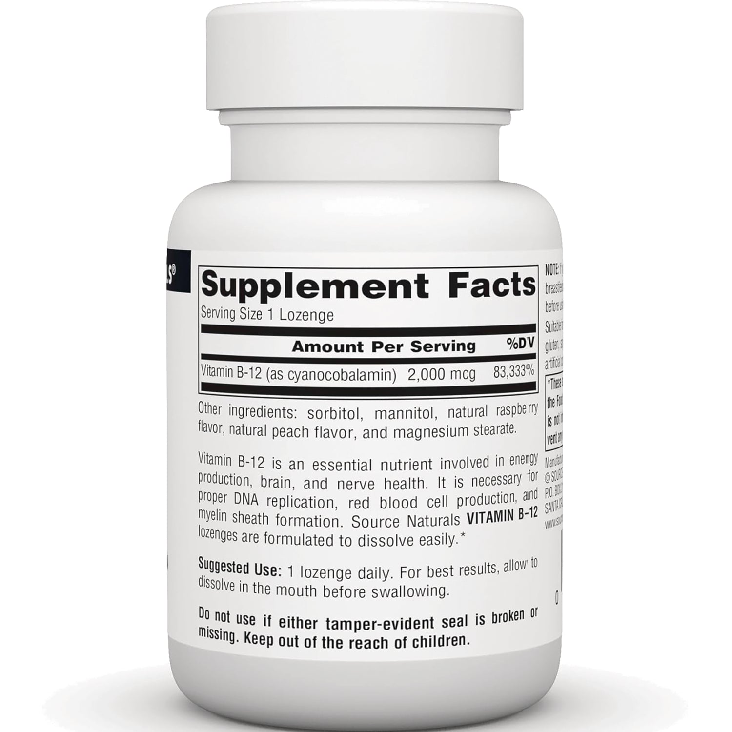 SN457 | Supplement Facts panel showing serving size 1 lozenge and Vitamin B-12 2,000 mcg