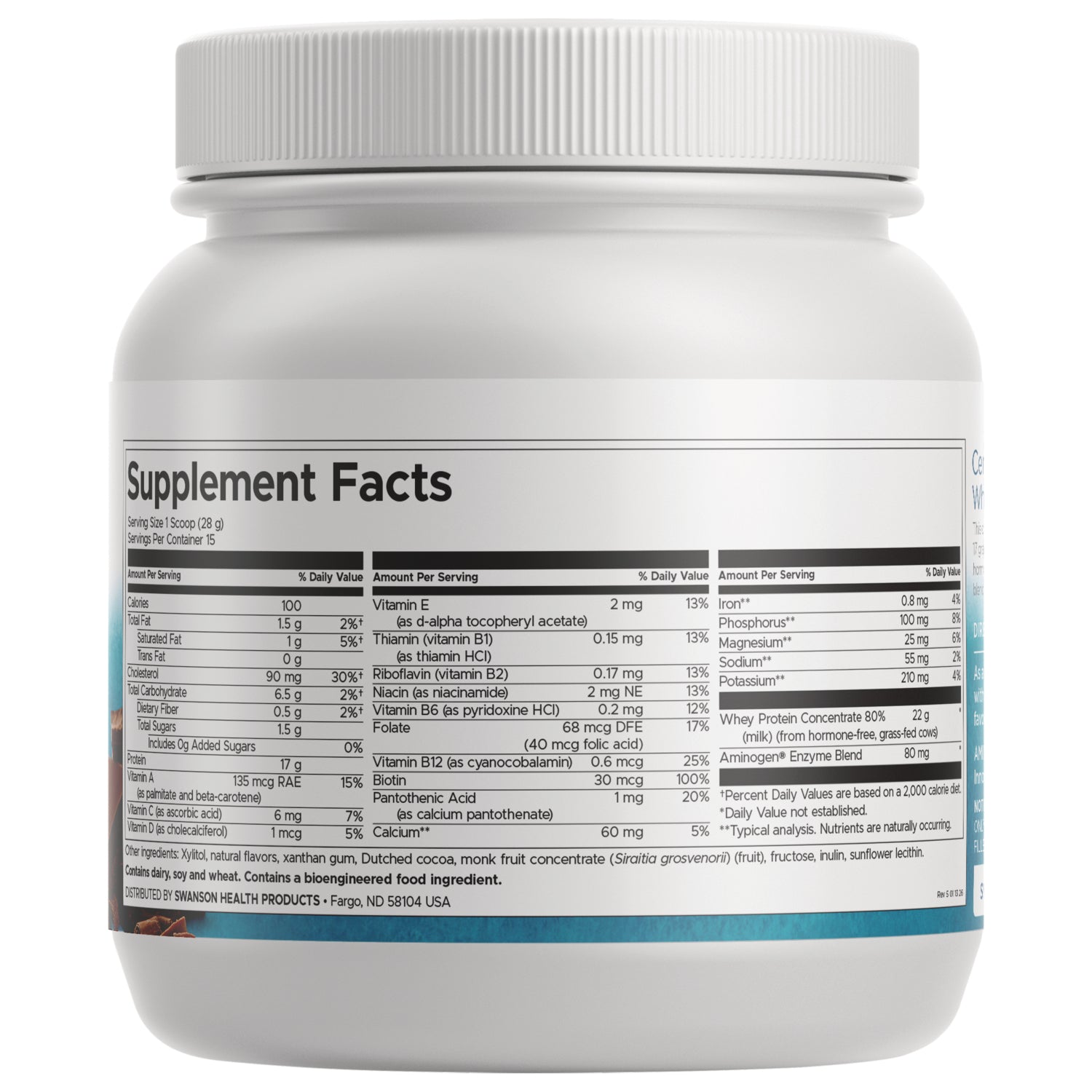SWU475 | Supplement Facts panel with serving size 1 scoop (28 g), 100 calories, and vitamins and minerals