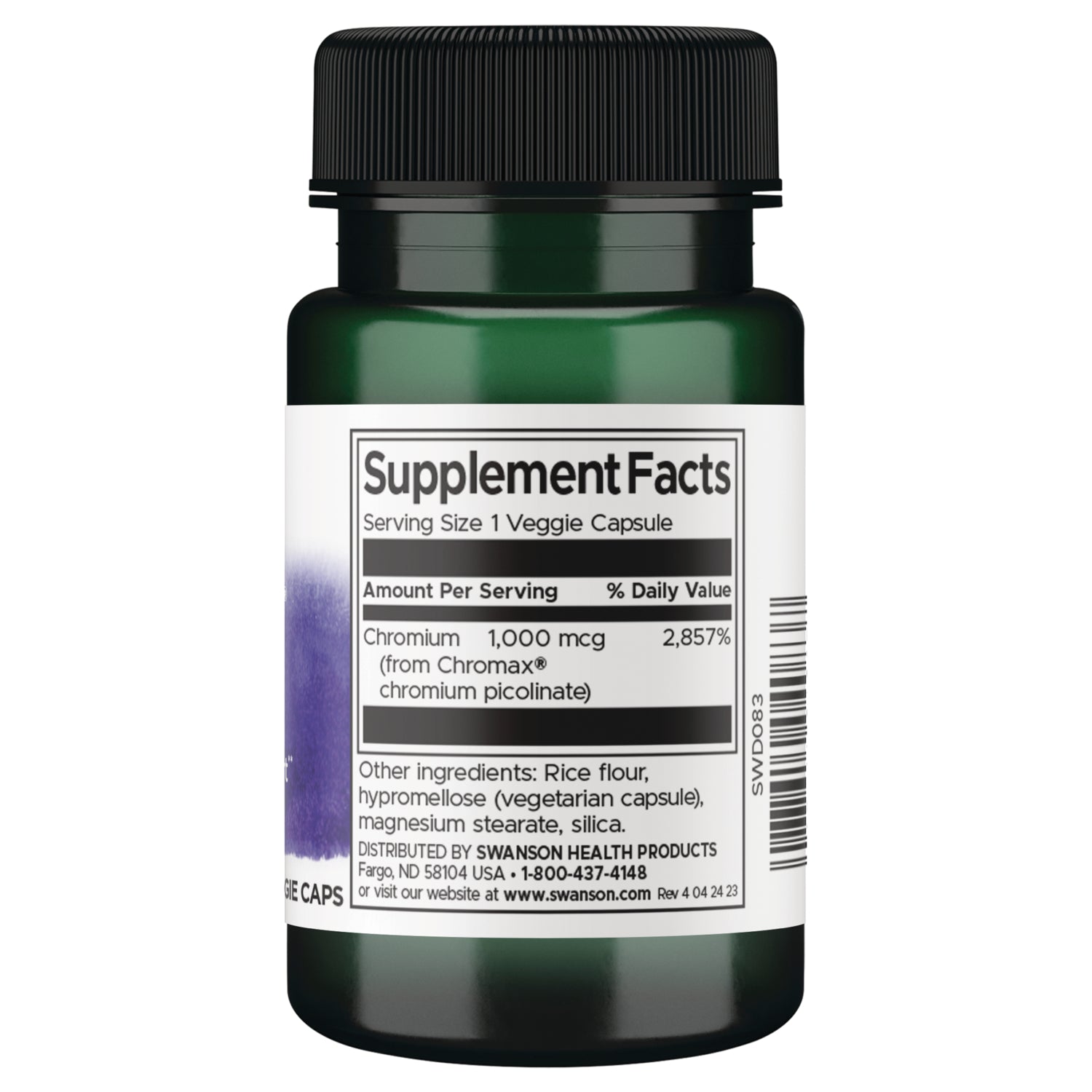 SWD083 | Back label with Supplement Facts: Serving Size 1 Veggie Capsule; Chromium 1,000 mcg