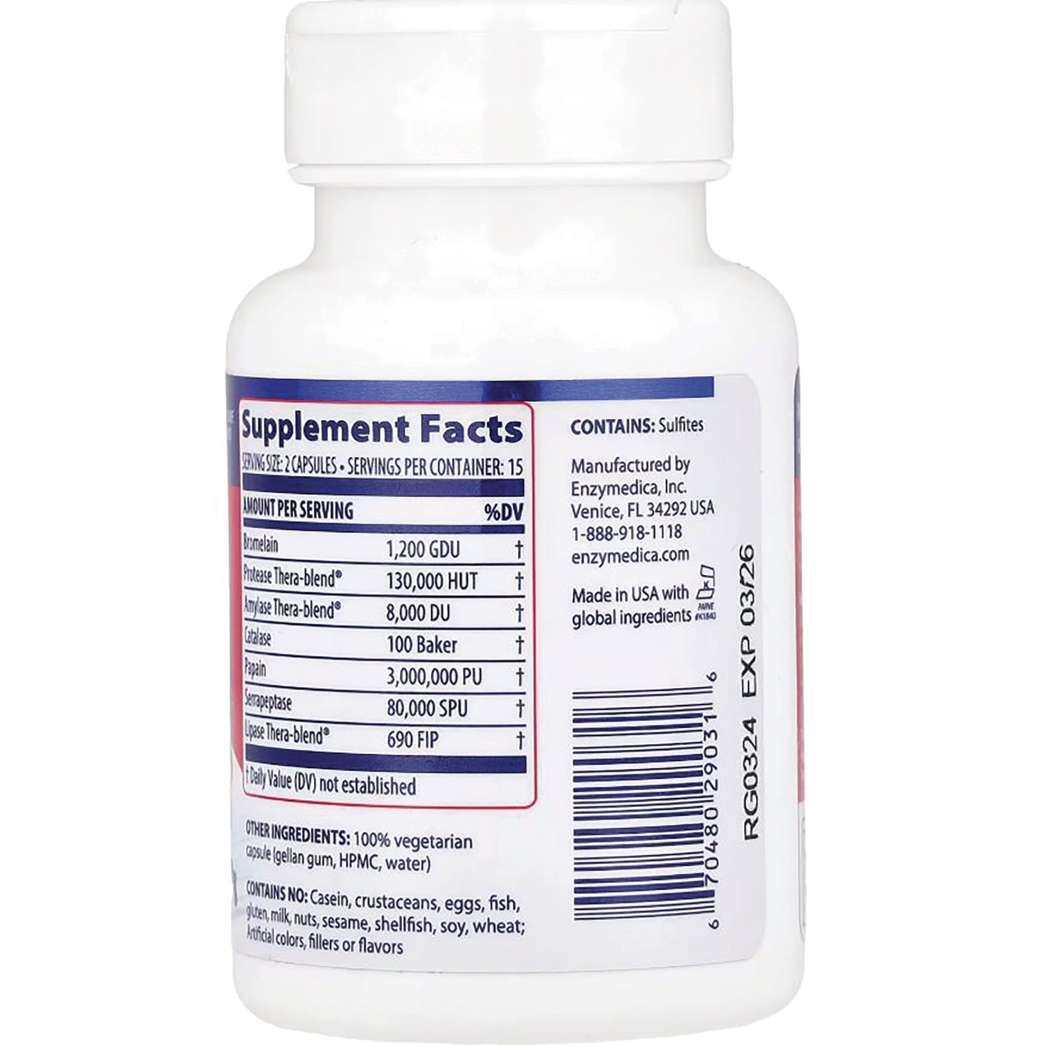 EMD037 | back label showing Supplement Facts panel, ingredient warnings and barcode on a white supplement bottle