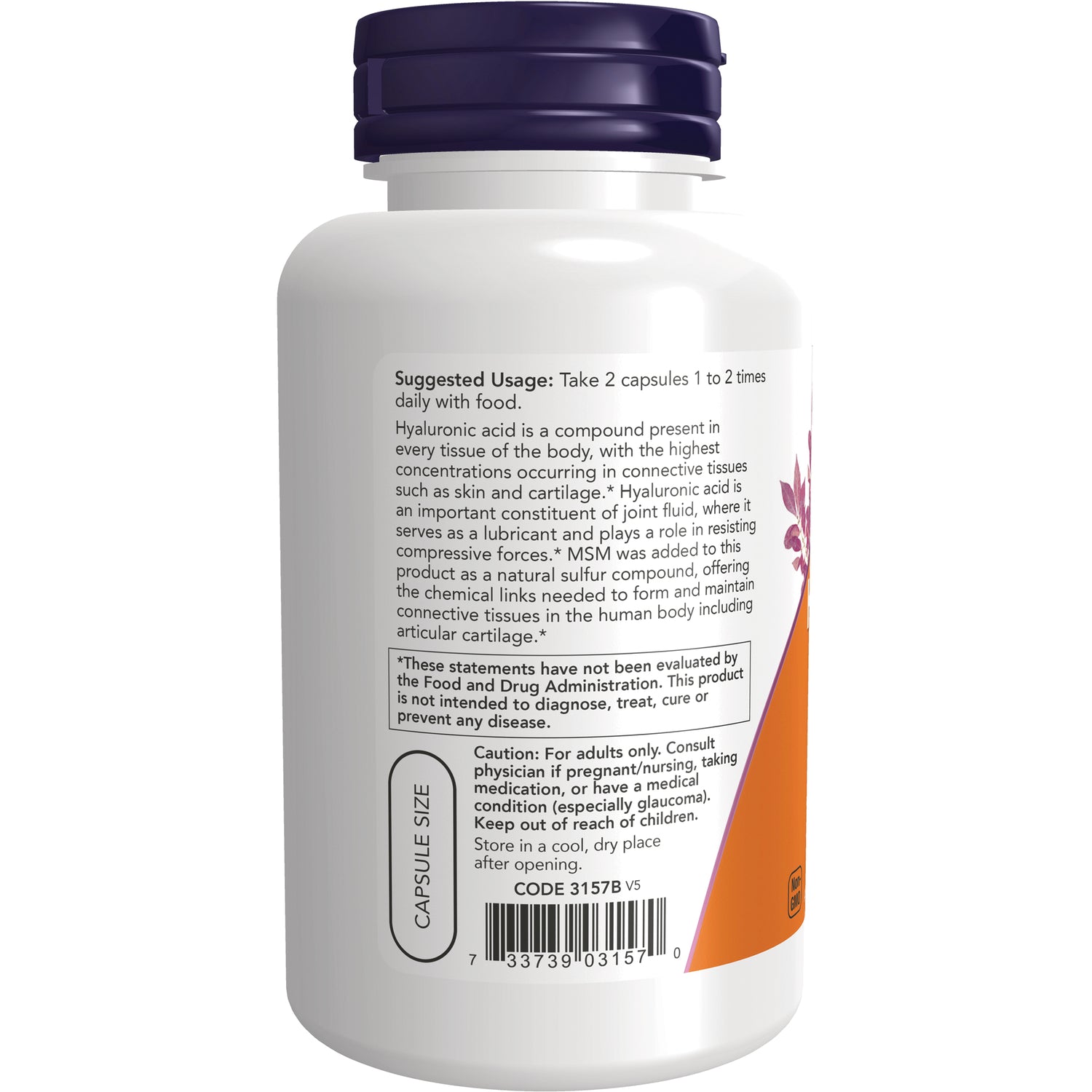 NWF316 | Back label of white supplement bottle showing suggested usage, caution text and barcode