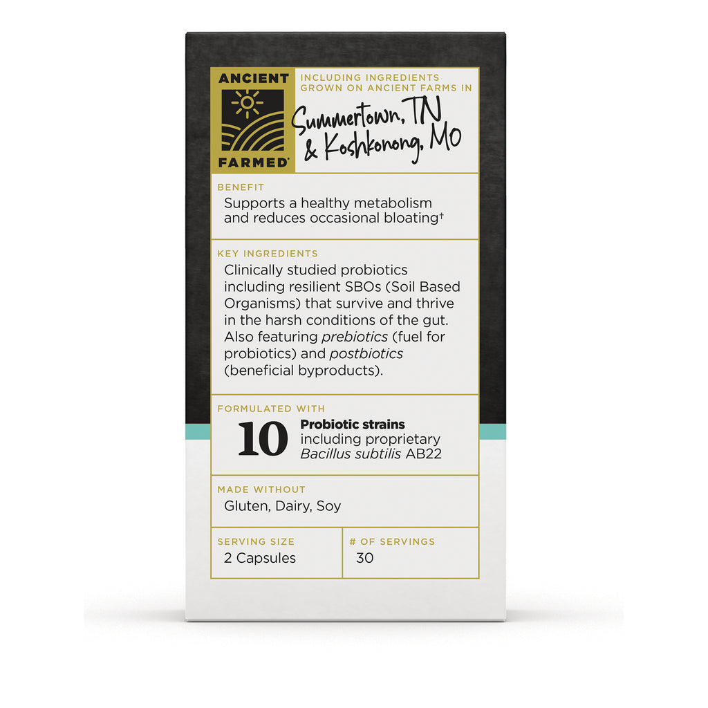 ATN137 | Back panel of probiotic supplement box listing benefits, key ingredients, '10 Probiotic strains', made without gluten, dairy, soy; serving size 2 capsules, 30 servings - Thumbnail