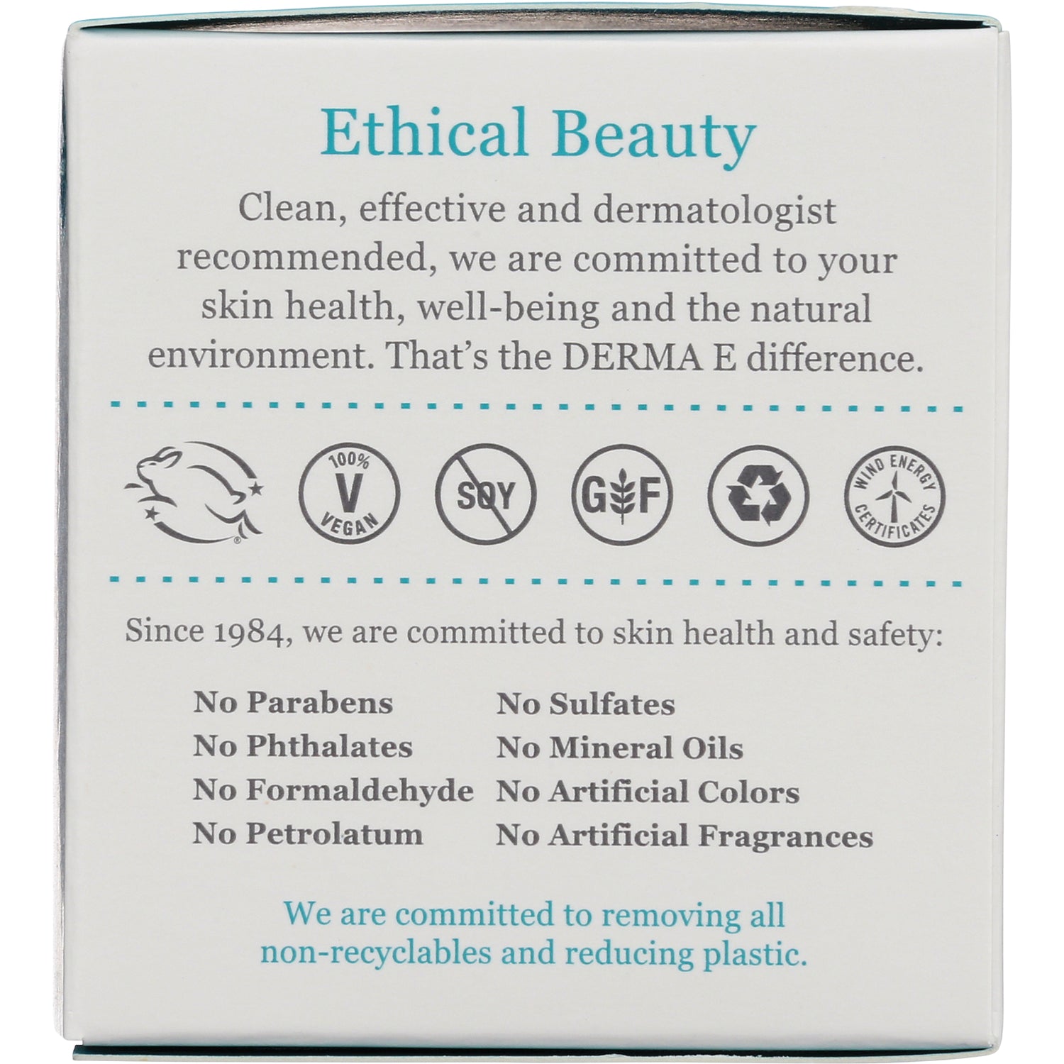 DE002 | Back of box labeled Ethical Beauty with icons and a list stating No Parabens No Sulfates No Artificial Fragrances