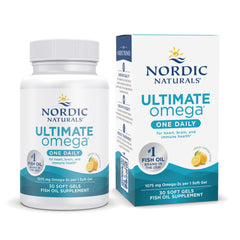 NRN137 | Nordic Naturals Ultimate Omega one daily fish oil 30 soft gels bottle and box with lemon graphic