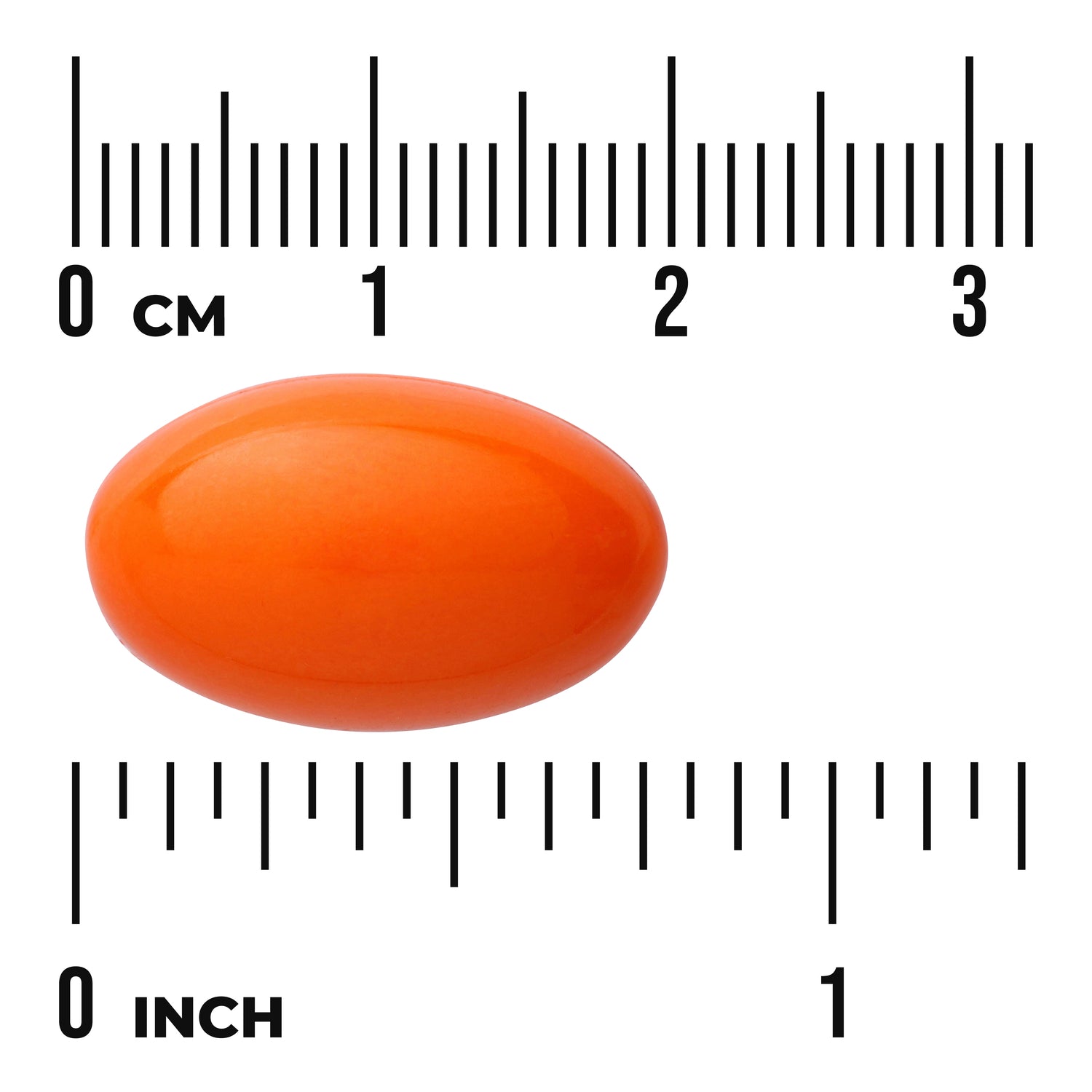 SWU716 | Orange oval softgel shown with size ruler in centimeters and inches