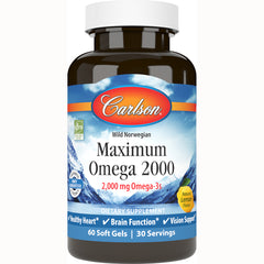 CSN284 | Carlson Maximum Omega 2000 dietary supplement bottle, 2,000 mg omega-3s, natural lemon flavor, 60 soft gels