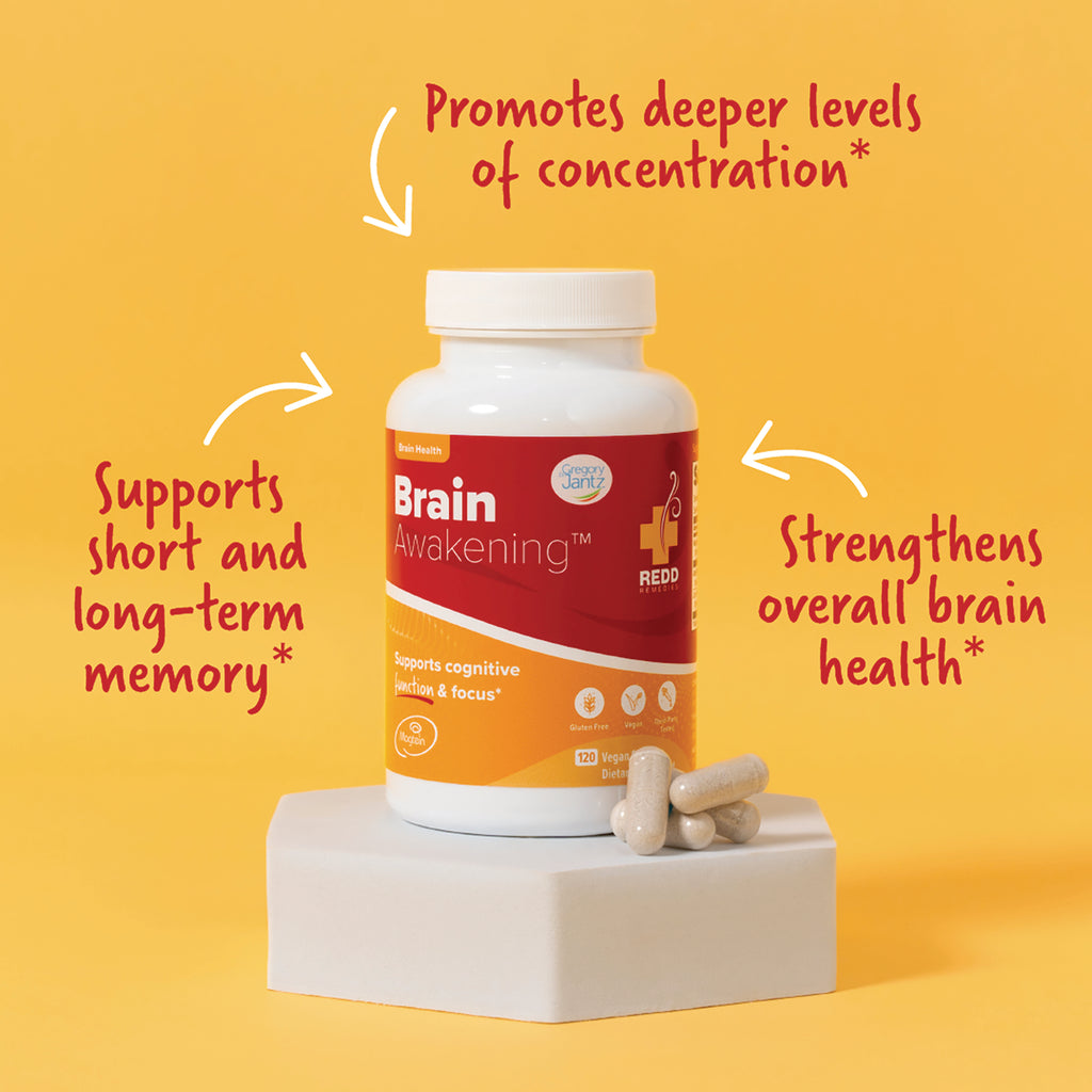RED018 | Brain Awakening supplement bottle and three beige capsules on a pedestal against a yellow background - Thumbnail