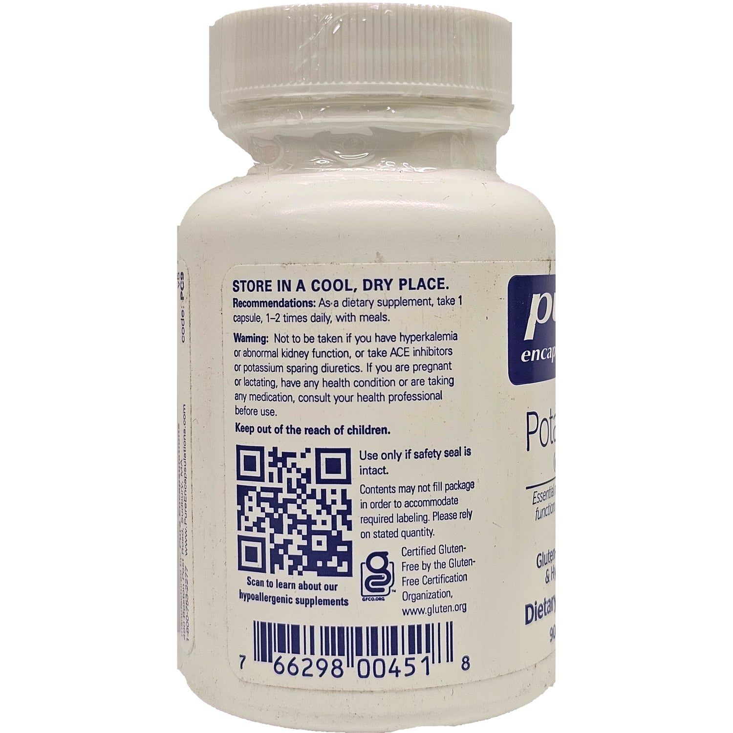 PRN090 | Back of white supplement bottle label with storage instructions, warnings, QR code, and barcode
