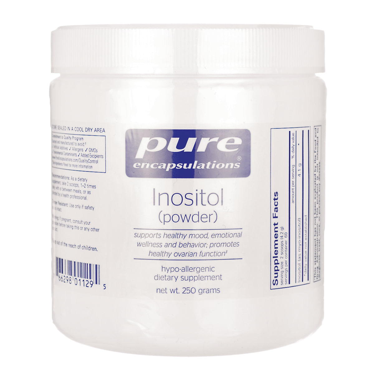 PRN047 | Pure Encapsulations Inositol (powder) white jar, 250 grams, front label with brand and supplement facts