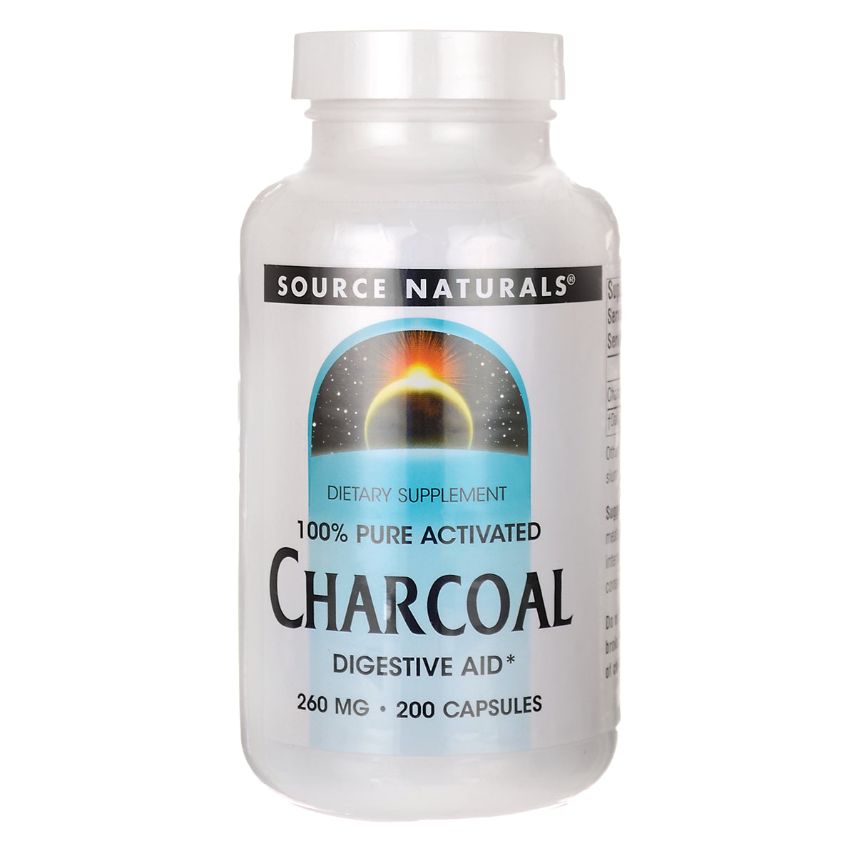 SN863 | Source Naturals 100% Pure Activated Charcoal, 260 mg, 200 capsules bottle front label