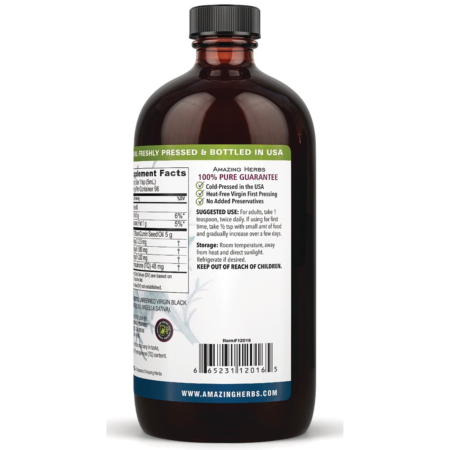 AZH007 | back of brown glass supplement bottle label showing supplement facts, barcode, and storage instructions