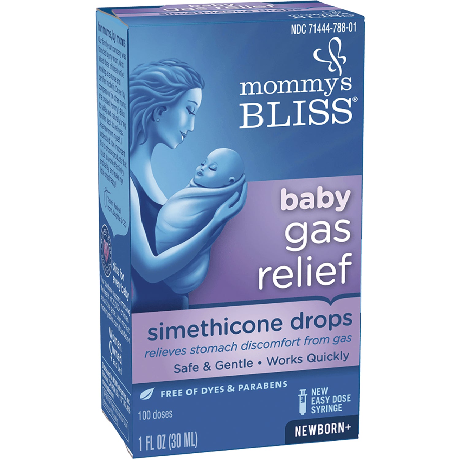 MMB003 | Mommy's Bliss baby gas relief simethicone drops box front showing mother holding swaddled infant, 1 fl oz newborn+