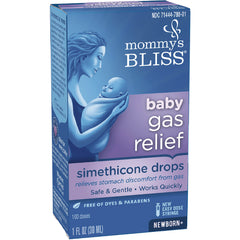 MMB003 | Mommy's Bliss baby gas relief simethicone drops box front showing mother holding swaddled infant, 1 fl oz newborn+
