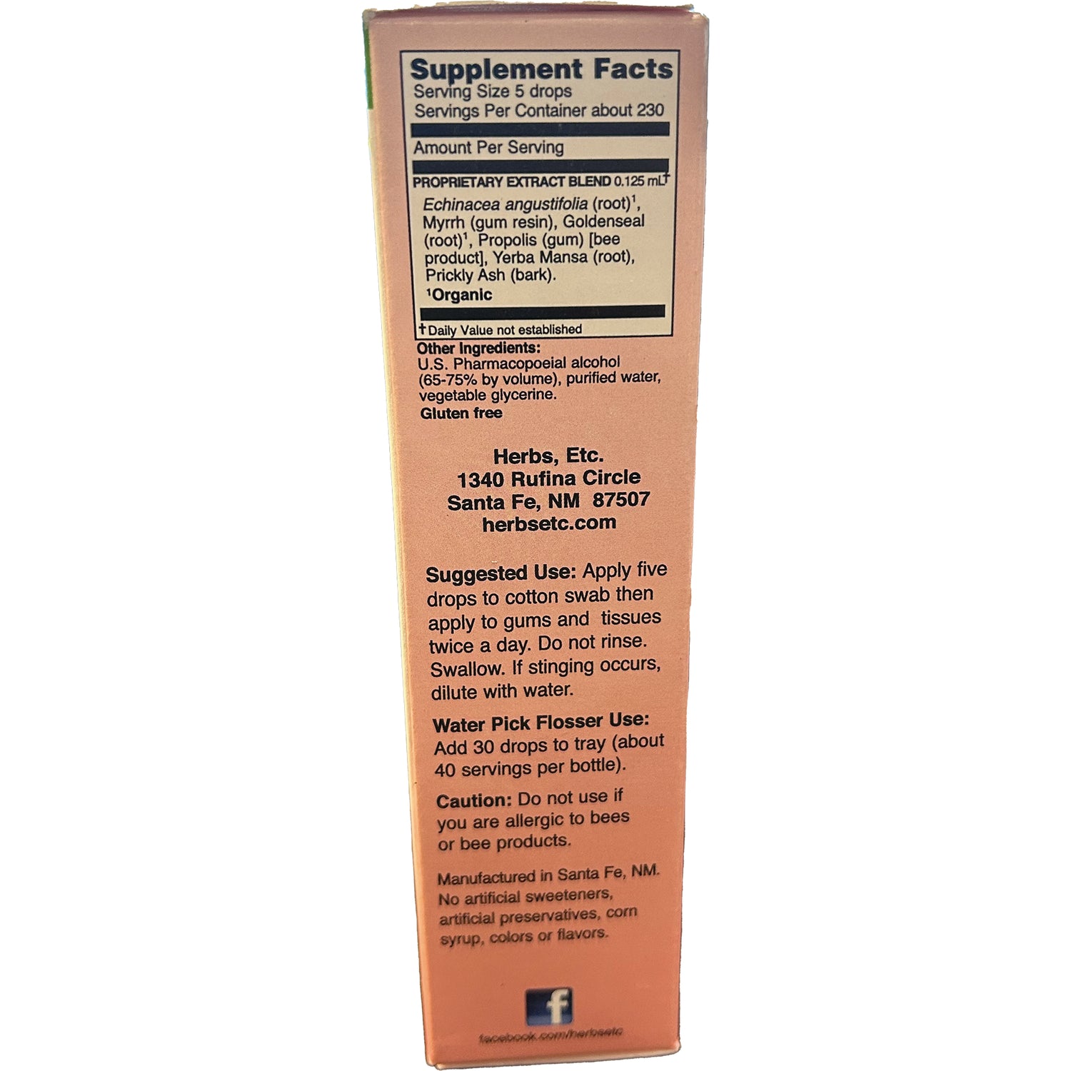HE108 | Back of peach-orange supplement box showing Supplement Facts, ingredients, suggested use and manufacturer address
