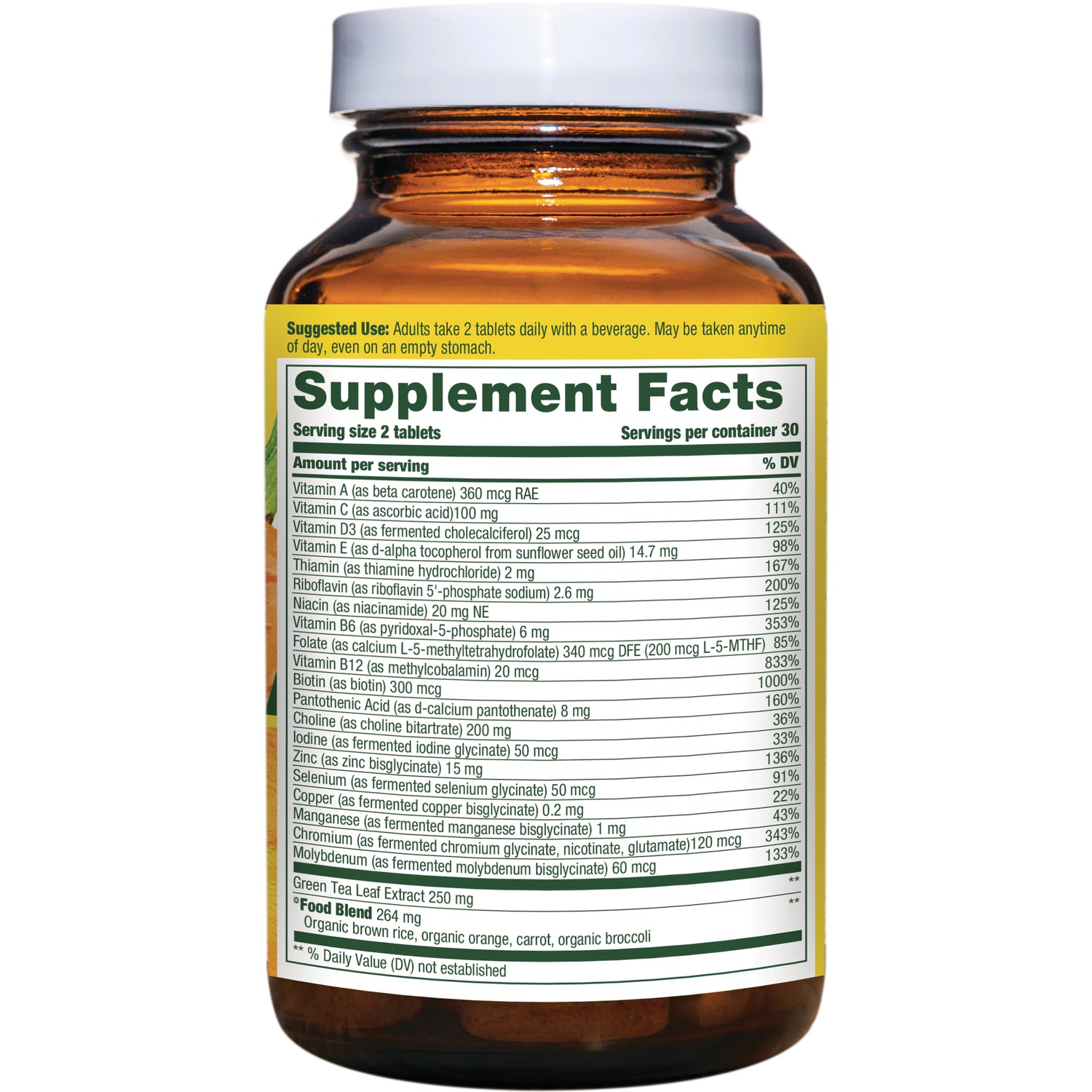 MGF026 | Back label showing Supplement Facts panel with vitamins, minerals, and amounts on an amber bottle