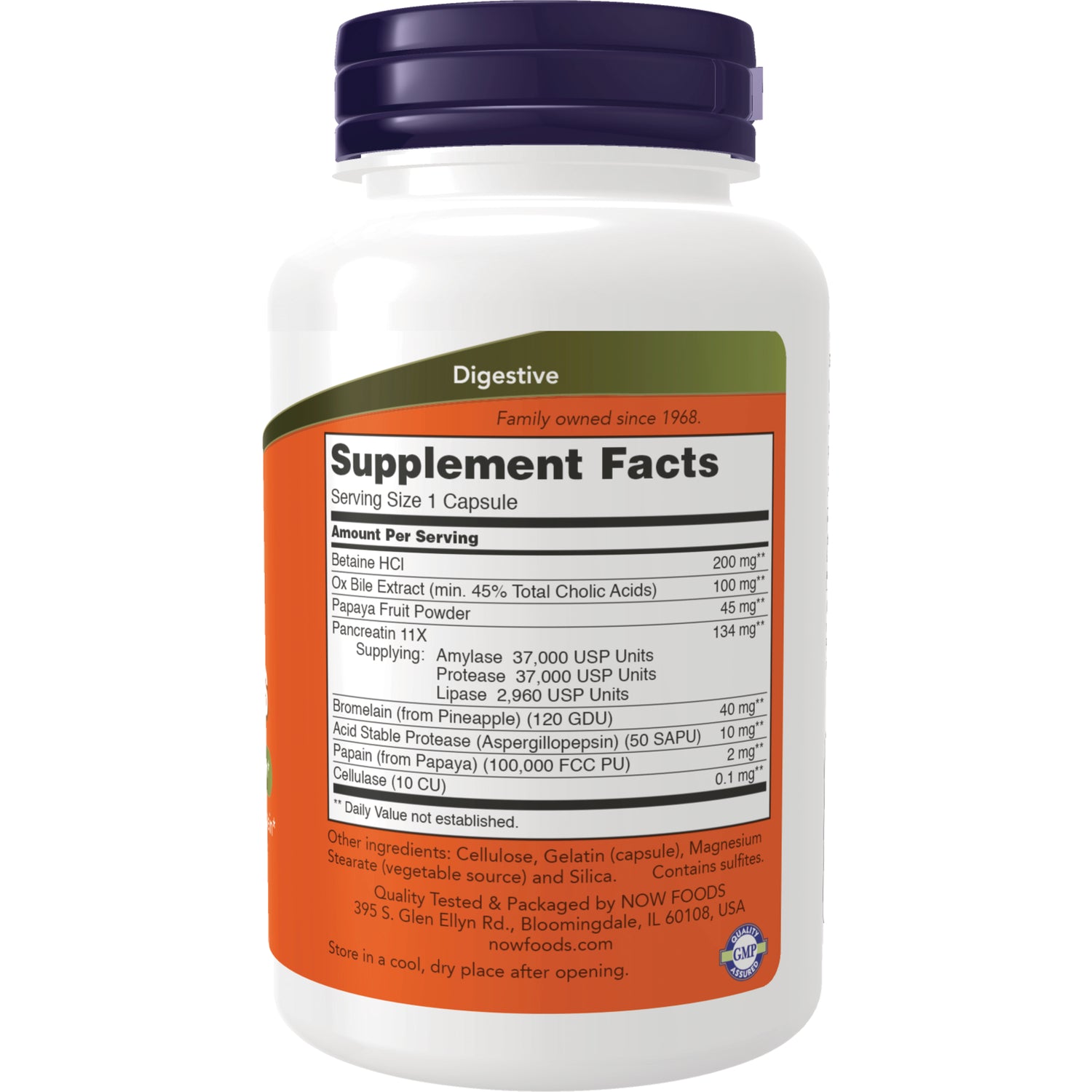NWF098 | Back label showing Supplement Facts panel and ingredients on white supplement bottle with purple cap