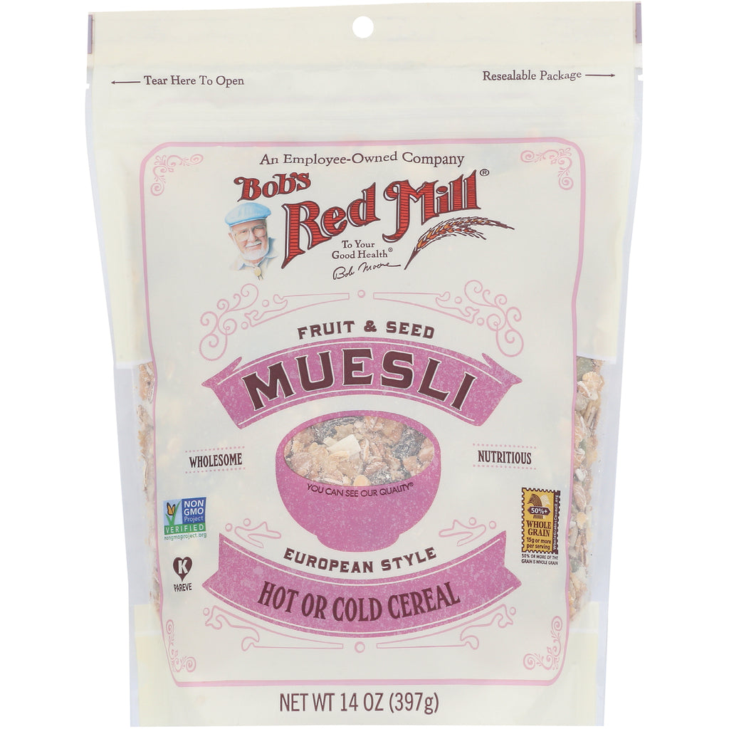 BOB244 | Bob's Red Mill Fruit & Seed Muesli front resealable pouch with bowl window, Net Wt 14 oz (397 g) - Thumbnail