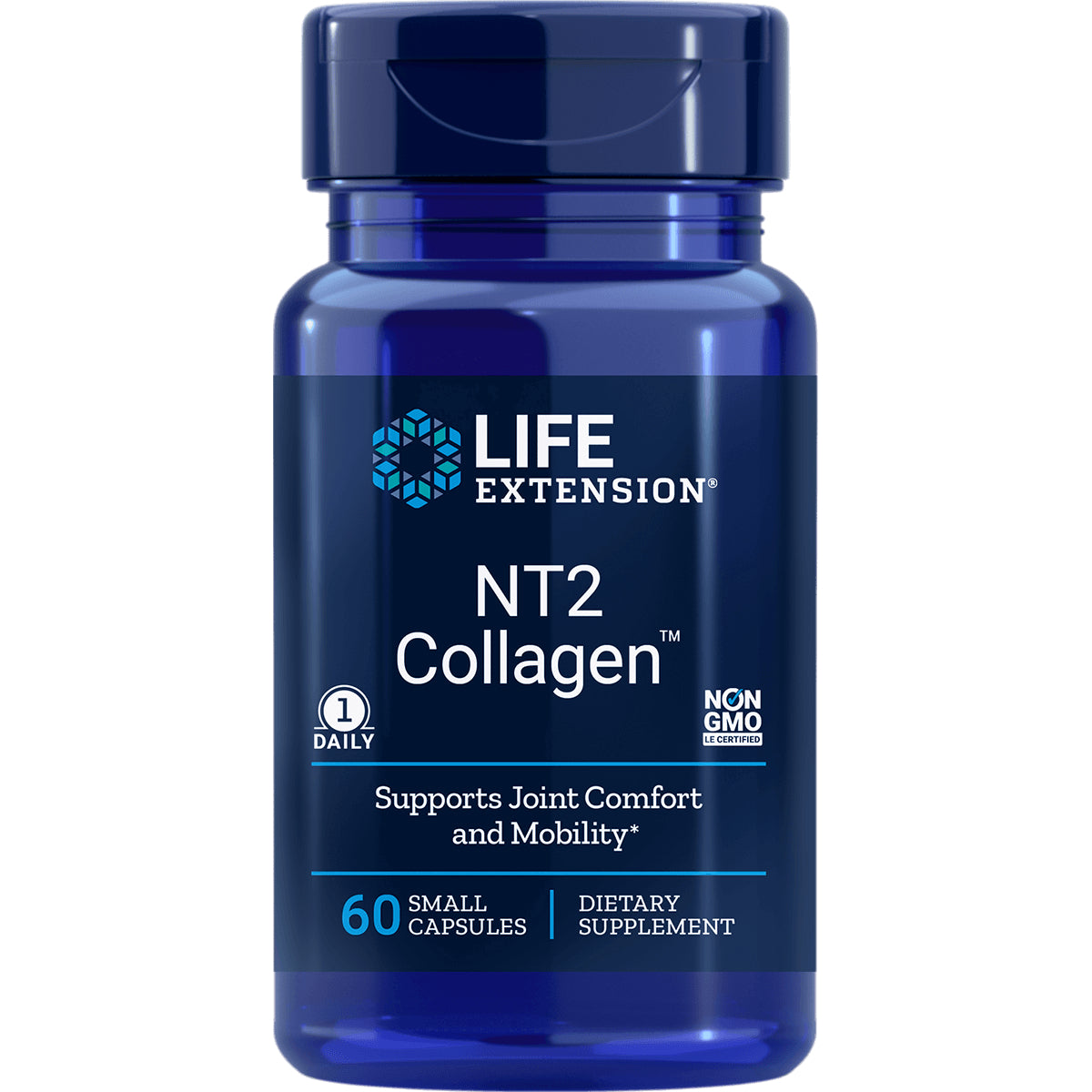 LE572 | Life Extension NT2 Collagen bottle front label: Supports Joint Comfort and Mobility; 60 small capsules dietary supplement