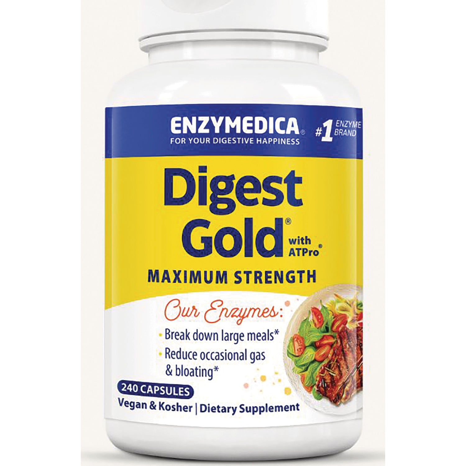 EMD047 | Bottle front of Digest Gold maximum strength digestive enzyme supplement, 240 capsules