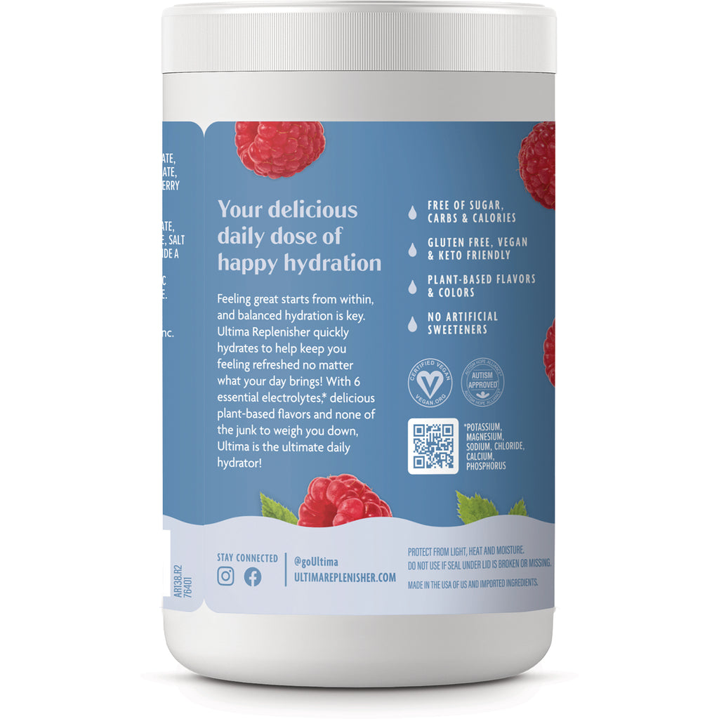 UHP030 | Back label of Ultima Replenisher electrolyte powder canister with benefits: free of sugar and carbs, gluten free, vegan - Thumbnail