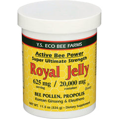 YS025 | Y.S. Eco Bee Farms Royal Jelly in honey, 11.5 oz container; label shows 625 mg per serving and 20,000 mg per container