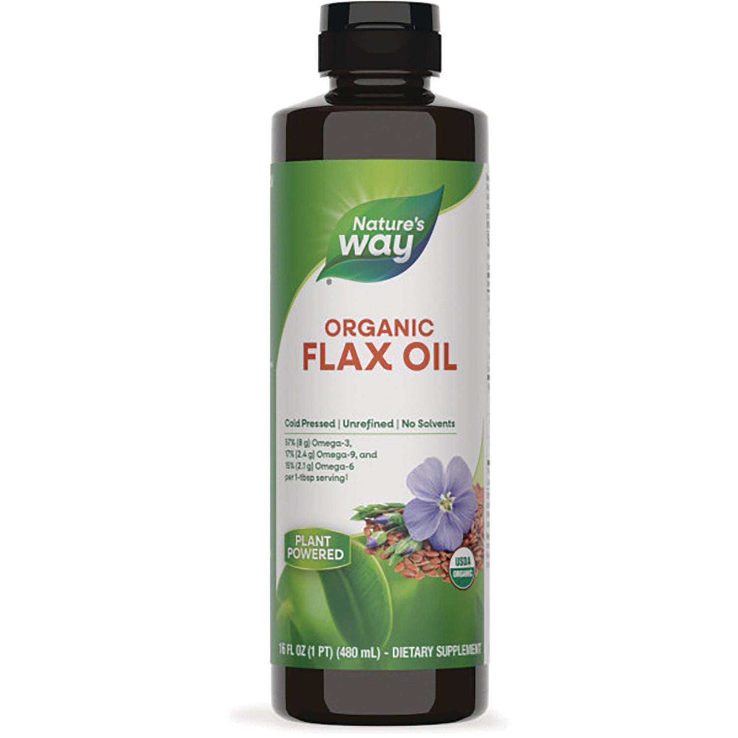 NW842 | Nature's Way organic flax oil bottle labeled ORGANIC FLAX OIL and Plant Powered