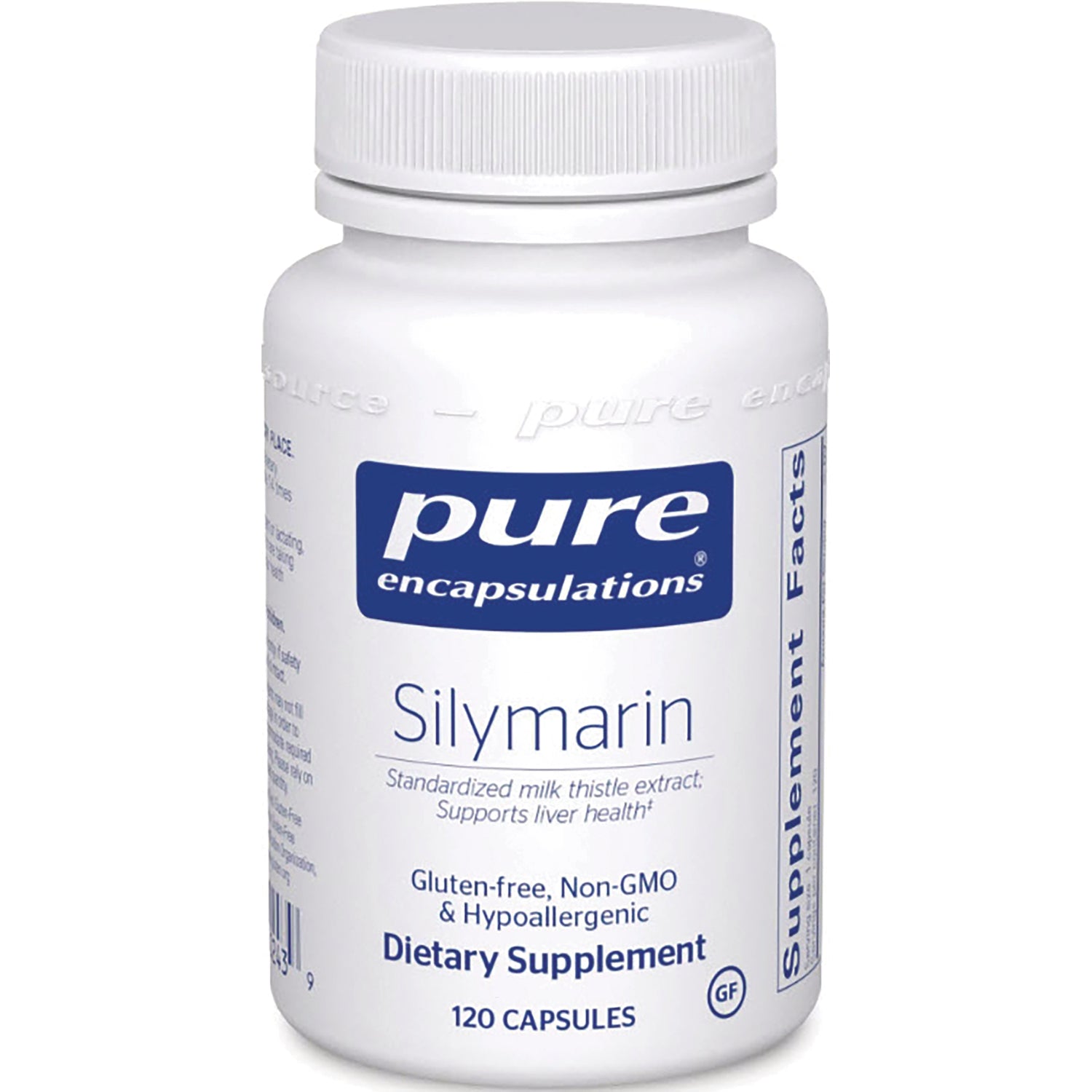 PRN117 | Pure Encapsulations Silymarin dietary supplement bottle front, 120 capsules, gluten-free Non-GMO