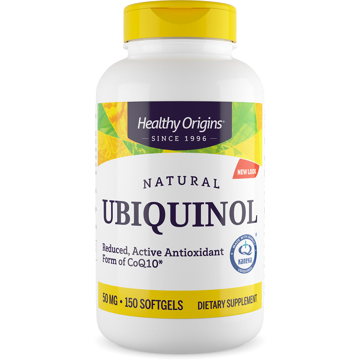 HRG035 | Healthy Origins Natural Ubiquinol bottle, 50 mg, 150 softgels dietary supplement front view