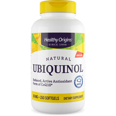 HRG035 | Healthy Origins Natural Ubiquinol bottle, 50 mg, 150 softgels dietary supplement front view