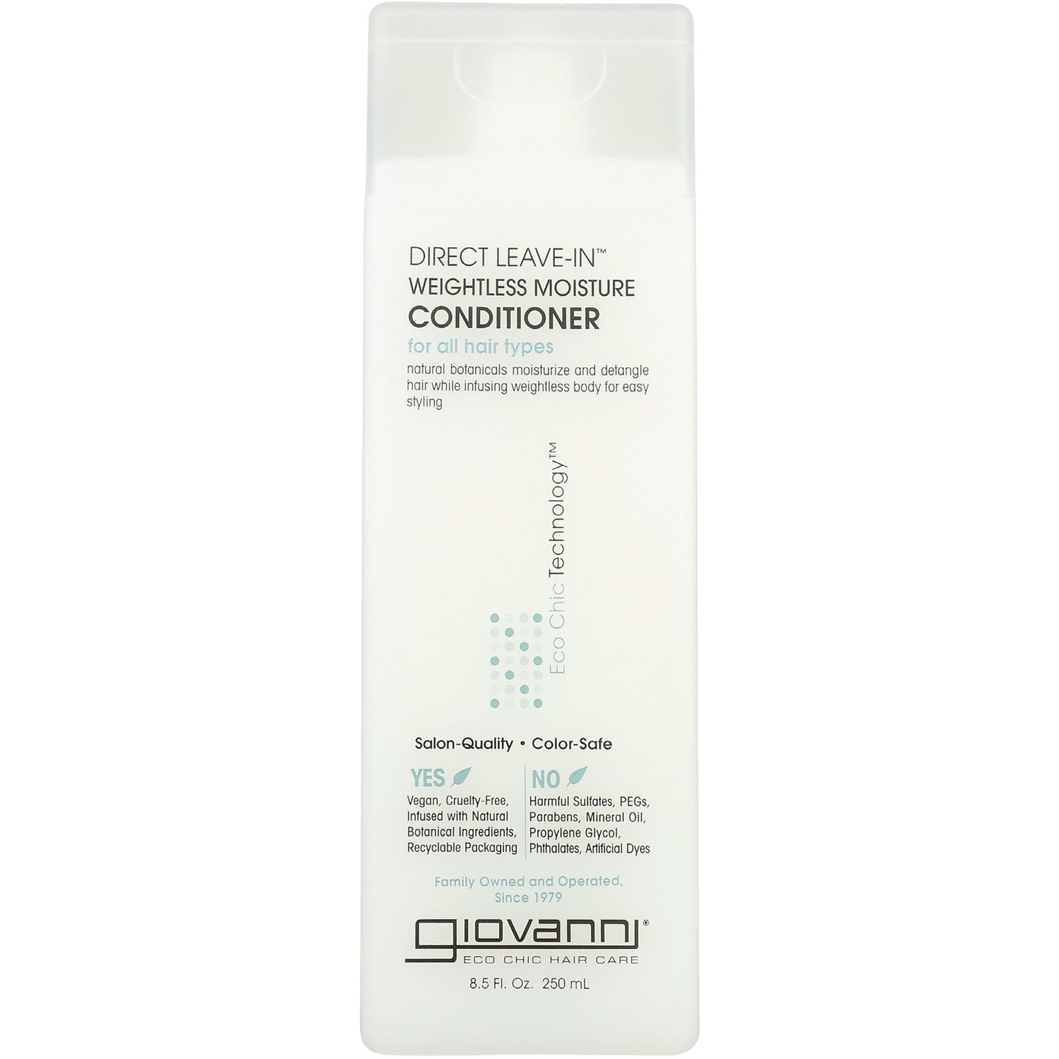 Giovanni Direct Leave-In weightless moisture conditioner bottle front label showing product name, benefits, and vegan/no harmful ingredients callouts