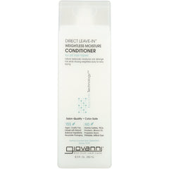 Giovanni Direct Leave-In weightless moisture conditioner bottle front label showing product name, benefits, and vegan/no harmful ingredients callouts