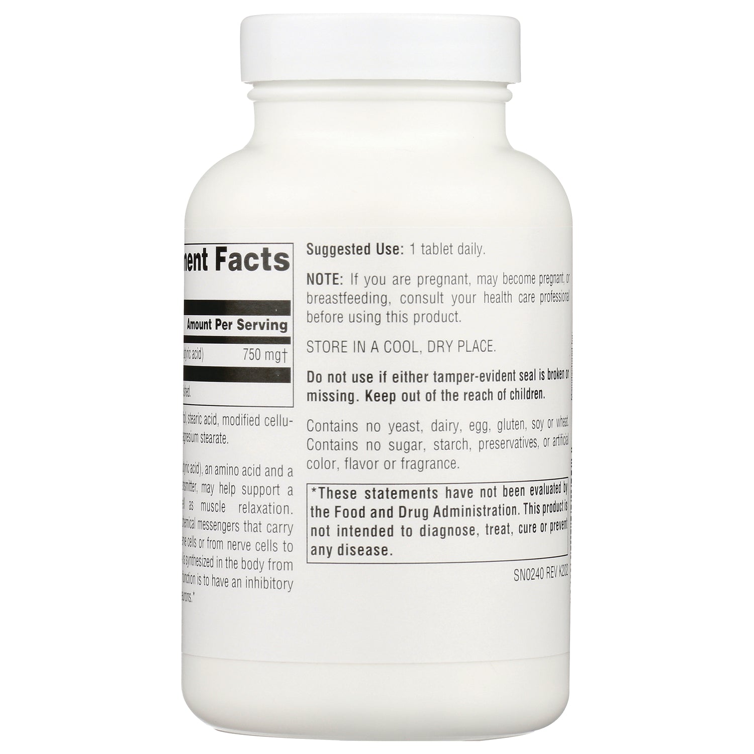 SN290 | Back of white supplement bottle showing Supplement Facts, directions, and safety statements