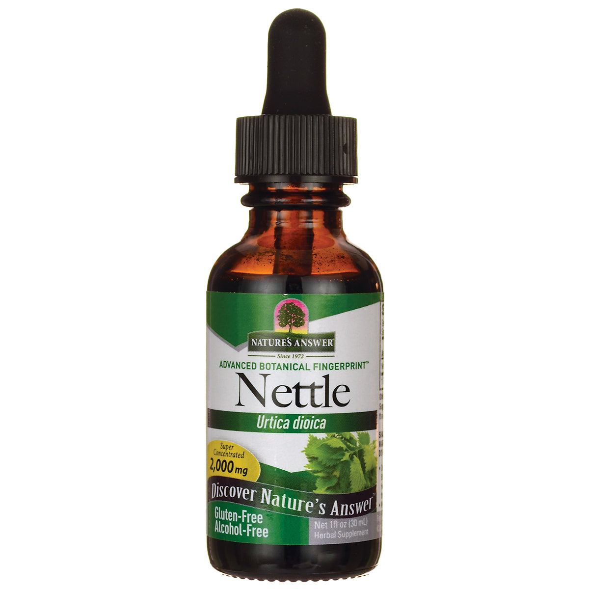 NAT064 | Brown glass dropper bottle labeled Nettle Urtica dioica 2,000 mg Nature's Answer herbal supplement