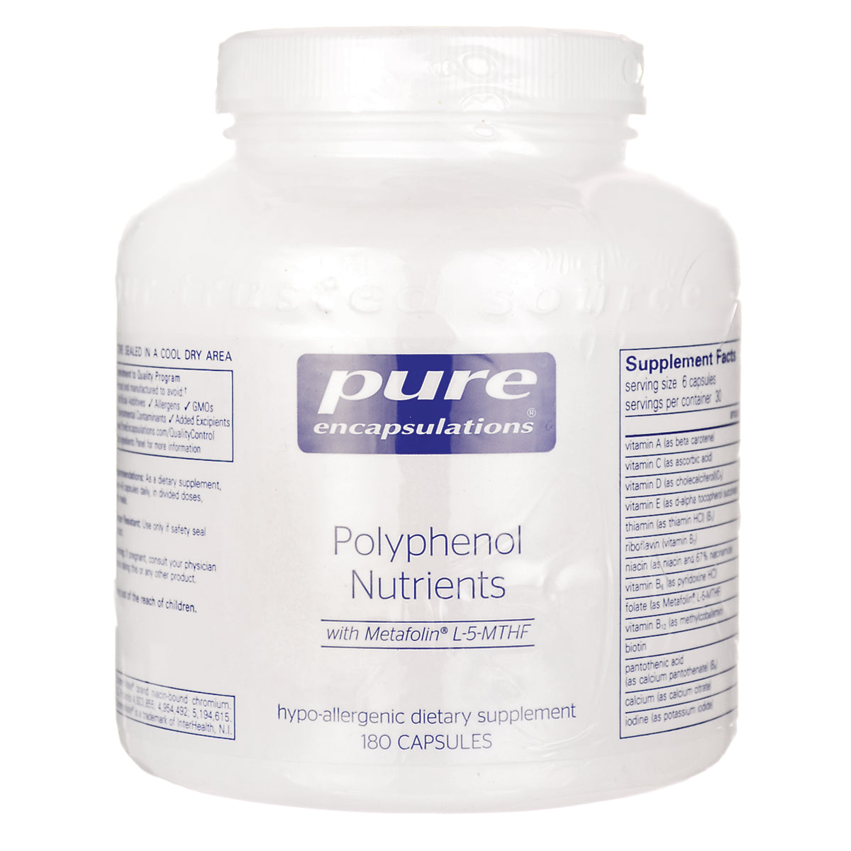 PRN051 | Pure Encapsulations Polyphenol Nutrients white supplement bottle front label, 180 capsules