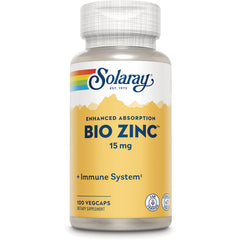 SLR328 | Solaray Bio Zinc 15 mg supplement bottle with yellow label, 100 vegcaps