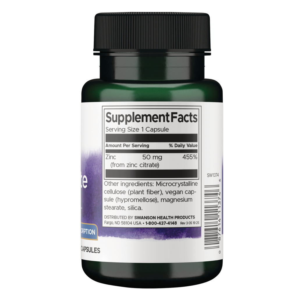 SW1995 | Supplement Facts panel for zinc 50 mg capsules with ingredients and barcode - Thumbnail