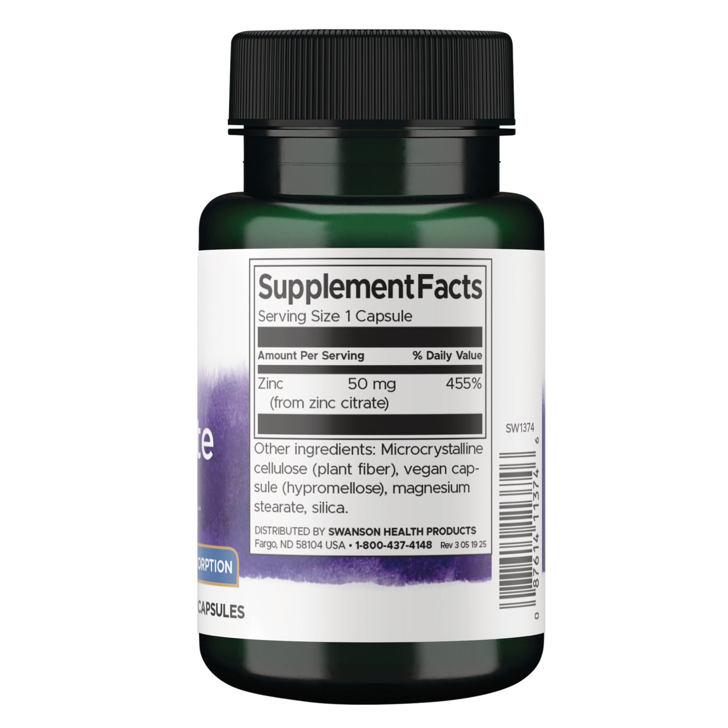 SW1995 | Supplement Facts panel for zinc 50 mg capsules with ingredients and barcode
