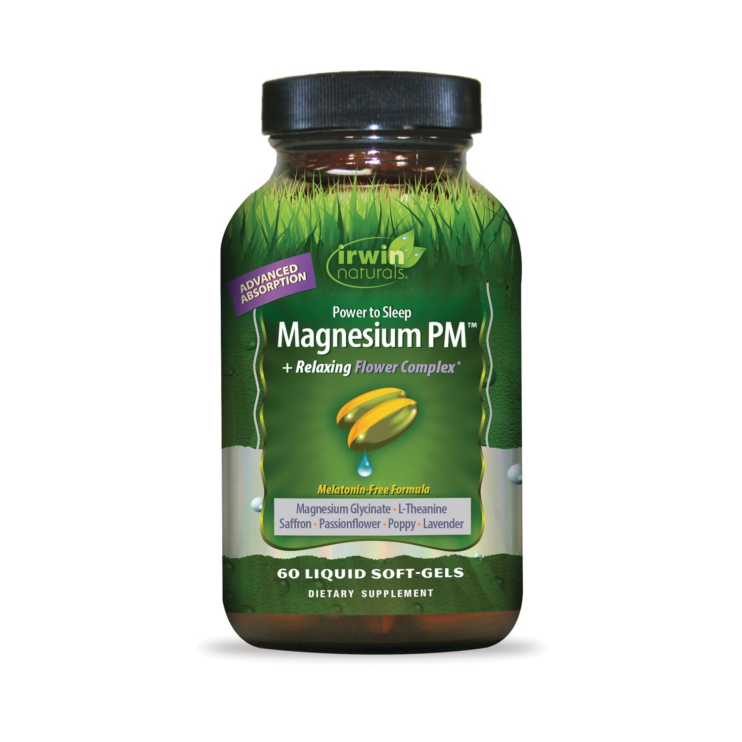 IR303 | Irwin Naturals Magnesium PM bottle with green label showing two yellow softgels and text 60 liquid soft-gels dietary supplement