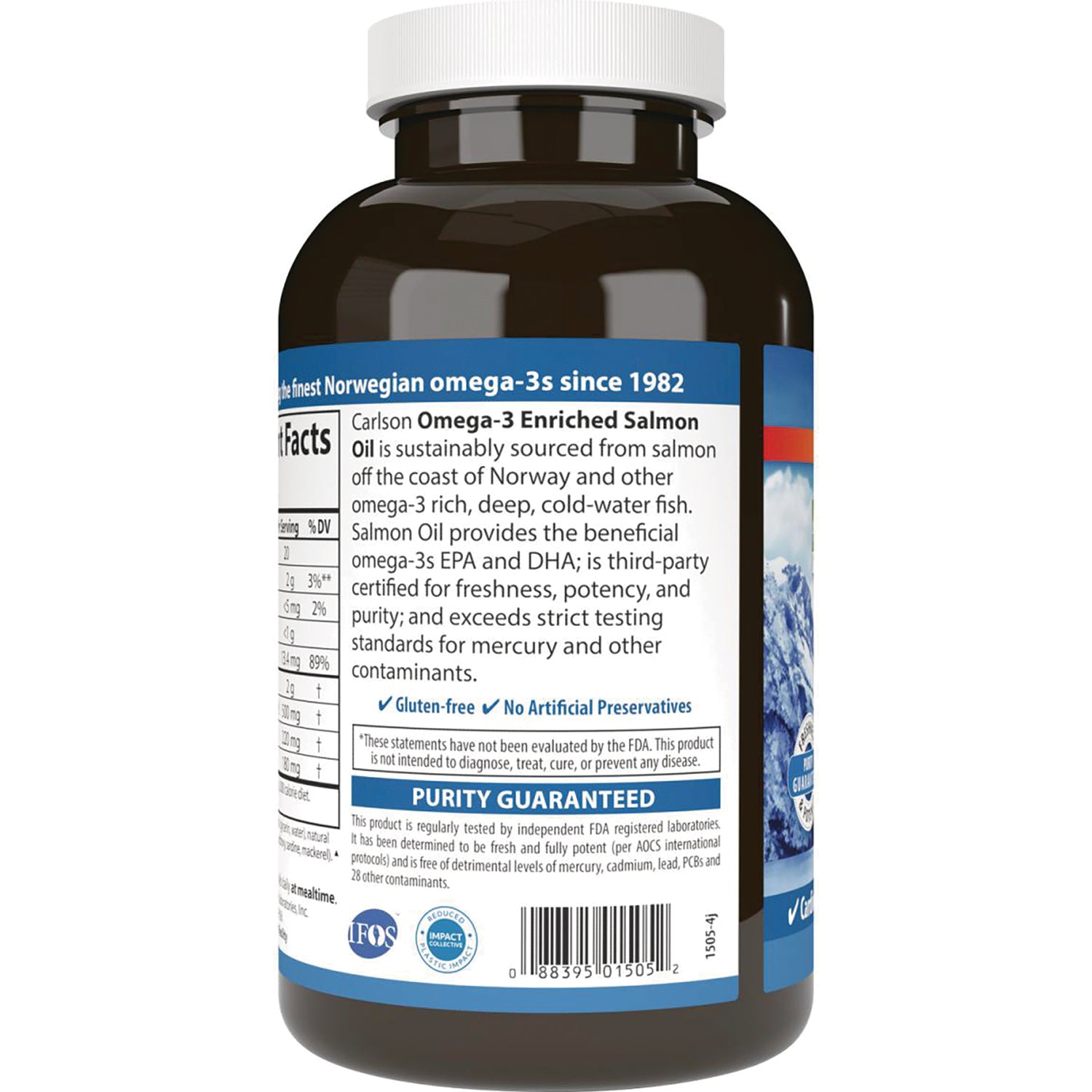 CSN233 | back label of salmon oil bottle with product description, purity guaranteed statement, and barcode