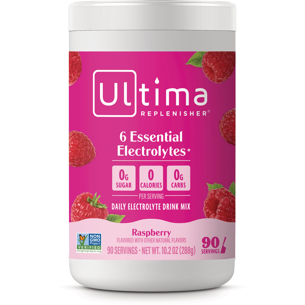 UHP019 | Ultima Replenisher Raspberry electrolyte drink mix canister, 6 Essential Electrolytes, 0g sugar, 90 servings - Thumbnail