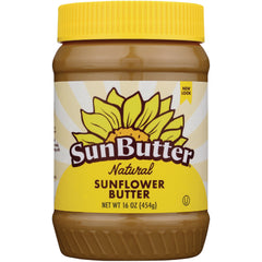 SBT001 | Jar of SunButter Natural sunflower butter 16 oz with yellow label and sunflower graphic