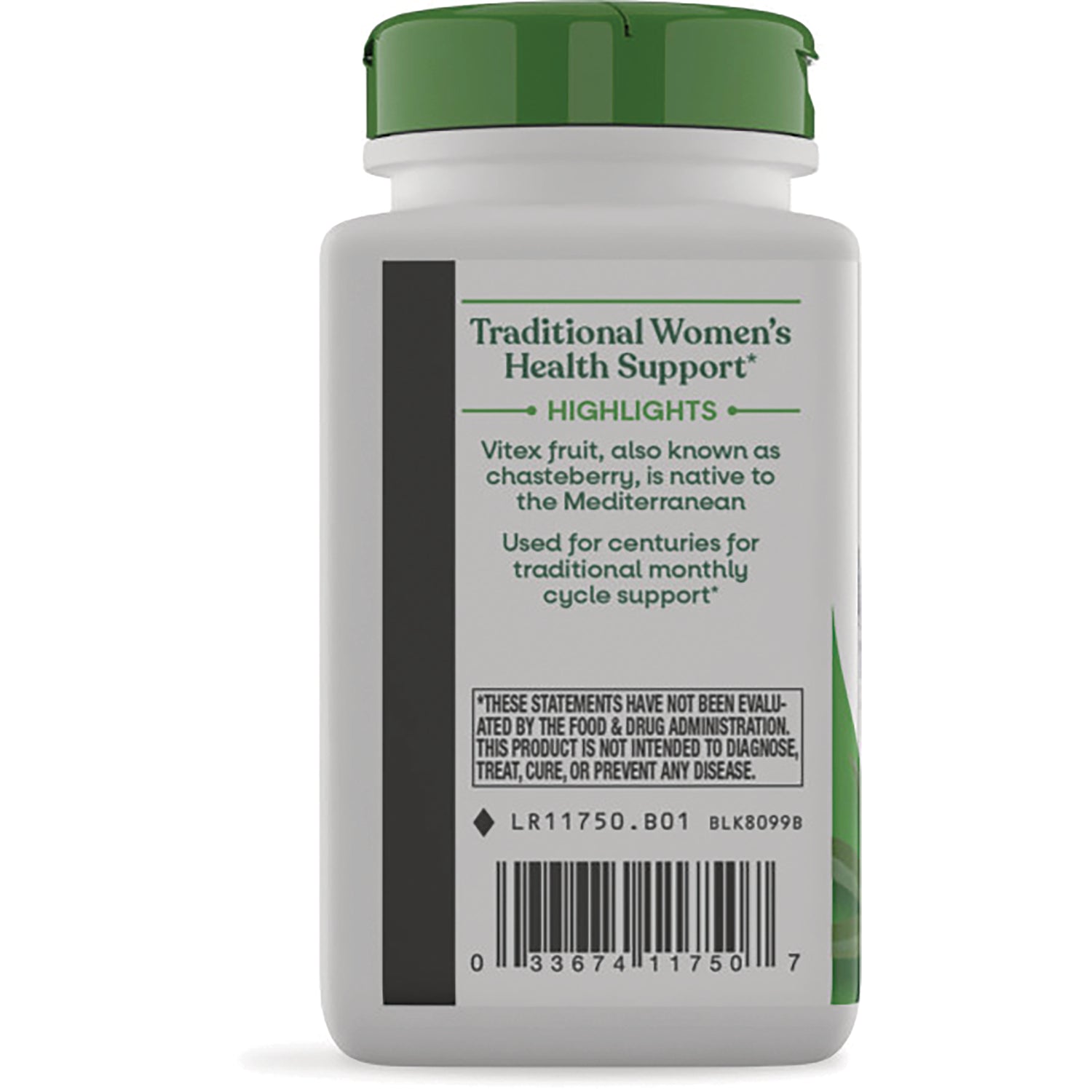 NW173 | Back of white supplement bottle with green cap labeled Traditional Women's Health Support, barcode and FDA disclaimer